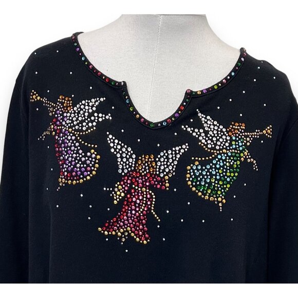 Quacker Factory Womens Angel Studded 3/4 Sleeve Top Cotton Holiday Shirt Blck 2X - Picture 3 of 10